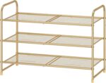 Simple Trending 3-Tier Stackable Shoe Rack, Expandable & Adjustable Shoe Shelf Storage Organizer, Metal Mesh, Gold - Image 2