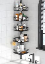 Skycarper 5 Tier Adjustable Corner Shower Caddy Organizer with Hooks,Rustproof Tension Pole 62-116 Inch, Black - Image 2