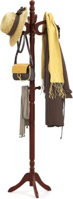 Tangkula Coat Rack Freestanding, Solid Rubber Wood Coat Tree with 11 Hooks and 3 Height Options for Coats, Hats, Bags, Purses, Clothes, Hanger Stand for Entryway Hallway Bedroom Office (Reddish Brown) - Image 2