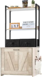 VEVOR Cat Litter Box Enclosure, Hidden Litter Box Furniture with 2 Storage Shelves & 2 Baskets, Wooden Cat Washroom Indoor, Cat House Cabinet Fit Most of Litter Box, 23.6"L x 19.7"W x 50"H, Natural - Image 2