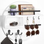 kuaima Key Holder Wall Mount, Round Wooden Key Rack with Shelf, Sunglasses Hanger, Storage Box, Multi Hooks, 12 Inch, White and Black - Image 2