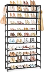 11 Tiers Tall Wide Shoe Rack 55 Pairs Large Capacity Sturdy Durable Shoe Rack for Closet Metal Shoe Organizer Shelf with Two Hooks Space Saving for Entryway Black - Image 2