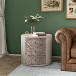 COSIEST 3 Drawer Chest of Drawers, 20 inch MDF Round Storage Cabinet, Retro Whitewash Finish Nightstand, Wood Bedside Table with Drawers for Bedroom Living Room,Light Gray - Image 8