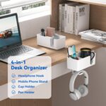 KDD 4-in-1 Desk Organizer - Under Desk Cup Holder and Headphone Hanger with 2 Wire Holes - Rotating Hanger and Detachable Storage for Cup, Phone and Pen (White) - Image 3