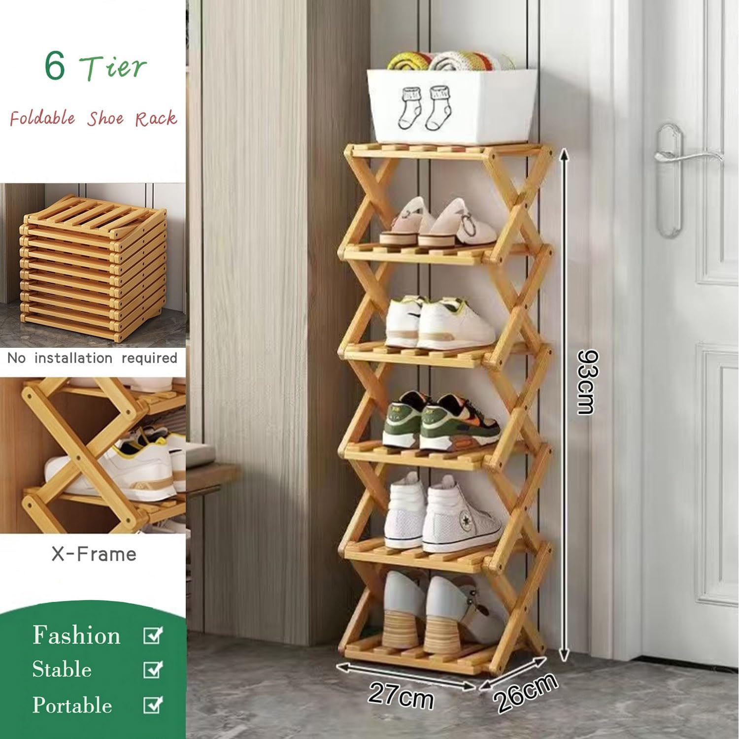 Vertical Narrow Shoe Rack, 6 Tier Portable Folding Shoe Storage Rack, Without Installation Free Standing Shoe Rack for Corridors, Bedrooms Living Room Corner and Small Spaces (6 Tier) - Image 3