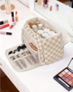Narwey Checkered Travel Toiletry Bag for Women Large Makeup Bag, Wide-open Cosmetic Make Up Organizer with Handle, Travel Bag for Toiletries, Essentials, Accessories (Light Checkerboard) - Image 10