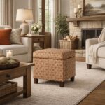 HomePop Upholstered Storage Cube Ottoman with Hinged Lid, Orange Geometric 17" x 17" x 18" - Image 3