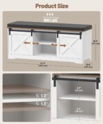 Farmhouse Storage Bench with Cushion, 47.2" Shoe Bench with Slide Barn Doors and Adjustable Shelves, Entryway Bench with Storage for Bedroom, Closet, Living Room, Hallway, White - Image 3
