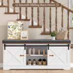 Farmhouse Storage Bench with Cushion, 47.2" Shoe Bench with Slide Barn Doors and Adjustable Shelves, Entryway Bench with Storage for Bedroom, Closet, Living Room, Hallway, White - Image 4