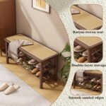 Bamboo Entryway Bench with Woven Rattan Seat — 2-Tier Shoe Storage Bench for Hallway & Entryway 39.4 inches Walnut - Image 4