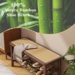 Bamboo Entryway Bench with Woven Rattan Seat — 2-Tier Shoe Storage Bench for Hallway & Entryway 39.4 inches Walnut - Image 5