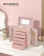 SONGMICS 6-Layer Jewelry Box Organizer with 5 Drawers, Jewelry Storage Case with Lock and Mirror, Large Storage Capacity, Gift for Loved Ones, for Necklaces, Watches, Jelly Pink UJBC152SA02S - Image 3
