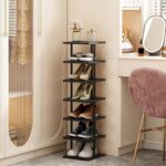 SORCEDAS 7 Tiers Vertical Shoe Rack Wooden Shoe Storage Organizer for Space Saving Narrow Shoe Shelf Storage 7 Pairs for Entryway Living Room Bedroom(Black + Rustic Dark Brown) - Image 3