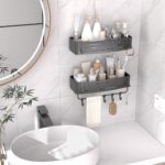 Onemake Shower Caddies Suction Cup, 2-Pack Removable Bathroom Shelf, Shower Organizer with Portable Hooks, Shower Caddy Corner Waterproof Holder with Towel Bar, Gray - Image 4