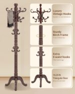 Wooden Coat Rack Stand, Solid Wood Freestanding Coat Rack, Vintage Coat Racks with 14 Hooks & Triangle Base, Standing Coat Hanger Jacket Tree Stand for Office, Entryway, Hallway - Image 3