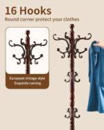 Wooden Coat Rack Stand, Solid Wood Freestanding Coat Rack, Vintage Coat Racks with 14 Hooks & Triangle Base, Standing Coat Hanger Jacket Tree Stand for Office, Entryway, Hallway - Image 5