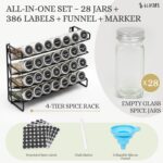 4-Tier Spice Rack Organizer Set – Wall Mounted or Countertop – Includes 28 Glass Spice Jars, 386 Spice Labels, Funnel, and Chalk Marker – Kitchen Spice Storage Solution - Image 3