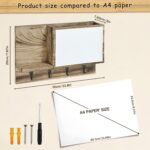Rustic Wall Mounted Mail and Key Holder, Brown Solid Wood with Magnetic Whiteboard, 4 Hooks, Entryway Organizer - Image 3
