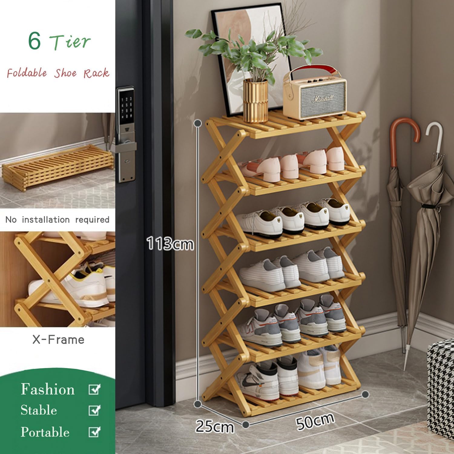6 Tier Bamboo Shoe Rack,Portable Folding Shoe Storage Rack,Without Installation Small Shoe Rack Perfect for Corridors, Bedrooms and Small Spaces (6 Tier) - Image 3