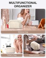 BAGSMART Travel Makeup Bag, Cosmetic Bag Small Make Up Organizer Case,Wide-open Pouch for Women Purse for Toiletries Accessories Brushes,Small Beige - Image 4