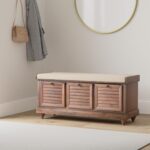 OSP Home Furnishings Dover Coastal Lift-Top Storage Bench with Shutter Face Styling, Distressed Brown Finish with Beige Linen Fabric Cushion - Image 3