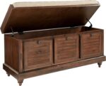 OSP Home Furnishings Dover Coastal Lift-Top Storage Bench with Shutter Face Styling, Distressed Brown Finish with Beige Linen Fabric Cushion - Image 5