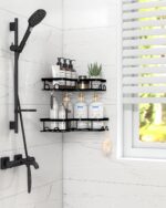 Corner Shower Caddy - 2 Pack, Adhesive Shower Organizers, Rustproof Stainless Steel Shower Shelves with 8 Hooks, No Drilling Bathroom Organizers and Storage Racks, Space-Saving, Black, Medium - Image 3