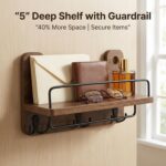 Key Holder for Wall with Shelf - 5.1" Deep Large Mail Organizer Wall Mount with 3 Heavy-Duty Dual Hooks & Safety Guardrail - Rustic Wood Wall Shelf for Entryway, Kitchen, Office - Image 3