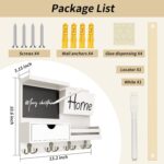 Farmhouse Key Holder for Wall with Mail Organizer - Easy Installation Wall Mount Organizer, Includes Chalkboard, Drawer, Wallet Holder & 4 Double Hooks, Ideal for Entryway, Quick Access - White - Image 4