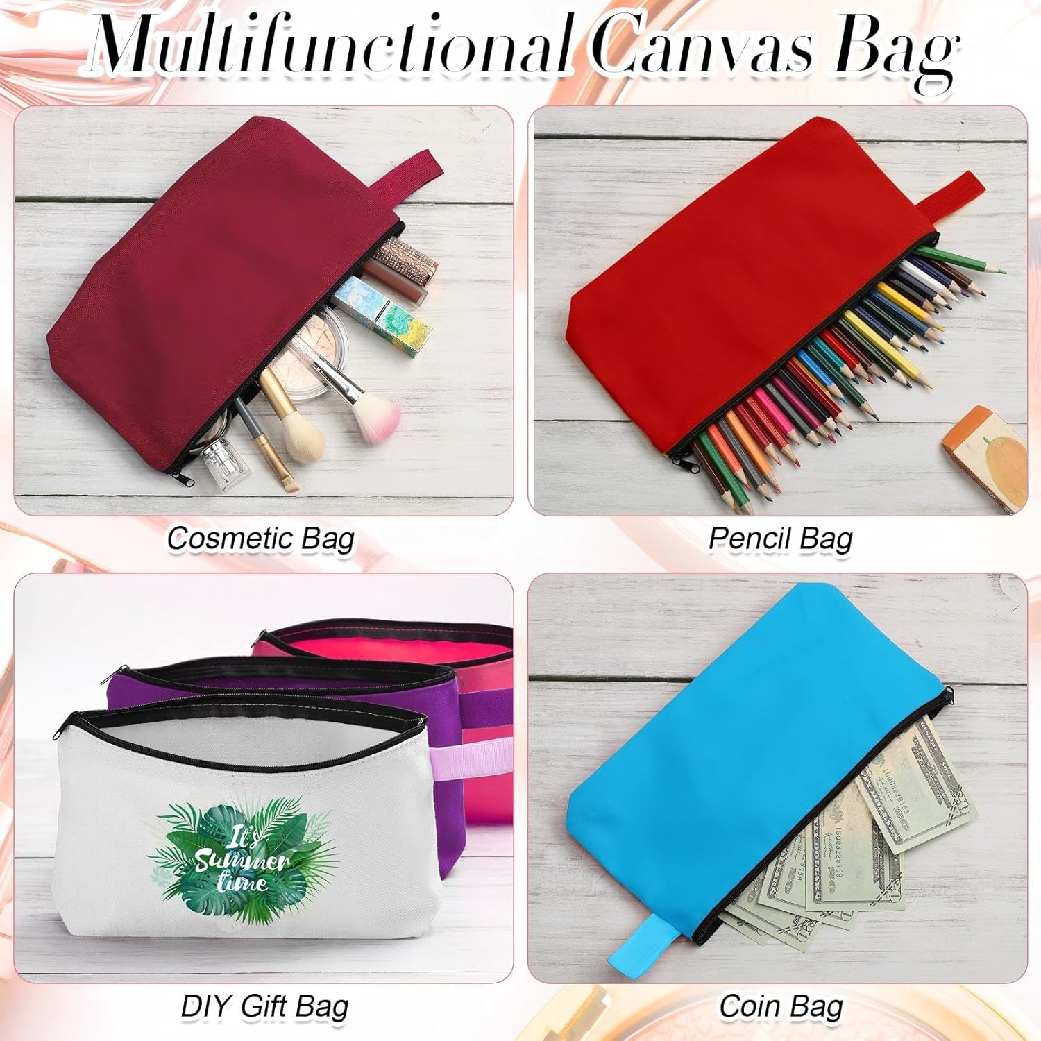 Reginary 60 Pcs Multicolor 60 Pieces Canvas Makeup Bags Bulk Portable Travel Cosmetic Pouch Multipurpose Blank Toiletry Bag with Zipper for Women DIY Craft (8.6 x 5 x 2 Inch) - Image 3