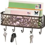 mDesign Wall Mount Metal Entryway Storage Organizer Mail Sorter Basket with 5 Hooks - Letter, Magazine, Coat, Leash and Key Holder for Entryway, Mudroom, Hallway, Kitchen, Office - Bronze - Image 4