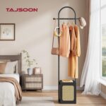 Tajsoon Coat Rack Stand with Wooden Base, Coat Tree Rattan Design, Coat Hanger Stand with 6 Hooks, Small Clothes Rack for Living Room, Bedroom, Office, Black - Image 3