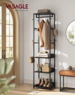 VASAGLE Coat Rack, Freestanding Hall Tree with Shelves, Hanging Rail, and Hooks, Space-Saving Coat Stand, Steel Frame, for Clothing, Bags, Hats, Ink Black and Charcoal Gray URCR061BD03 - Image 3