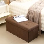 CUYOCA Storage Ottoman Bench Foldable Seat Footrest Shoe Bench End of Bed Storage with Flipping Lid, 75L Storage Space, 30 inches Linen Fabric Brown - Image 3
