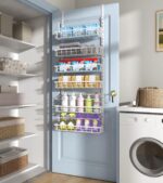 Over The Door Pantry Organizer, Wall Mount Spice Rack, Pantry Hanging Storage and Organization, 6 Adjustable Baskets Heavy-Duty Metal for Home & Kitchen, Back of Door Seasoning Rack - White - Image 7