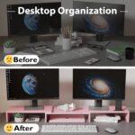 BONTEC Dual Monitor Stand Riser with Smartphone Holder, Adjustable Length & Swivel Angle, Ergonomic Wooden Desktop Organizer for PC Monitor, Laptop, Printer, Large Storage, Pink - Image 3