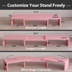 BONTEC Dual Monitor Stand Riser with Smartphone Holder, Adjustable Length & Swivel Angle, Ergonomic Wooden Desktop Organizer for PC Monitor, Laptop, Printer, Large Storage, Pink - Image 4
