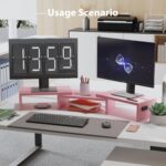 BONTEC Dual Monitor Stand Riser with Smartphone Holder, Adjustable Length & Swivel Angle, Ergonomic Wooden Desktop Organizer for PC Monitor, Laptop, Printer, Large Storage, Pink - Image 6