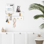 Tirzah Key Holder Wall Mount 2-Tier Real Wood White Entryway Organizer Floating Shelf with 5 Gold Metal Hooks, Sunglasses Holder Bar, Guard Rail for Keys, Mails, Hats (14" × 6" × 4") - Image 3