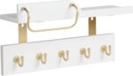 Tirzah Key Holder Wall Mount 2-Tier Real Wood White Entryway Organizer Floating Shelf with 5 Gold Metal Hooks, Sunglasses Holder Bar, Guard Rail for Keys, Mails, Hats (14" × 6" × 4") - Image 4