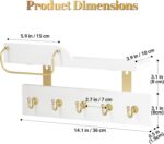 Tirzah Key Holder Wall Mount 2-Tier Real Wood White Entryway Organizer Floating Shelf with 5 Gold Metal Hooks, Sunglasses Holder Bar, Guard Rail for Keys, Mails, Hats (14" × 6" × 4") - Image 5