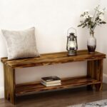 43" Solid Wood Farmhouse Bench, Entryway Bench with Storage Shelf, Vintage Long Rustic Indoor Bench for Bedroom, Entryway, Hallway, Dining - Image 2