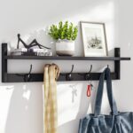 BAMEOS Wall-Mounted Shelf with Hooks - 28.9 Inch Entryway Hanging Shelf with 5 Dual Hooks for Bathroom, Living Room, Bedroom (Black) - Image 2