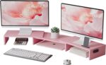 BONTEC Dual Monitor Stand Riser with Smartphone Holder, Adjustable Length & Swivel Angle, Ergonomic Wooden Desktop Organizer for PC Monitor, Laptop, Printer, Large Storage, Pink - Image 2