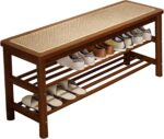 Bamboo Entryway Bench with Woven Rattan Seat — 2-Tier Shoe Storage Bench for Hallway & Entryway 39.4 inches Walnut - Image 2