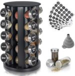 Black Countertop Revolving Spice Rack, Empty 20-Jars Rotating Spice Rack Organizer, Round Carousel Tower, 135 Spice Labels with Funnel Complete Set, for Kitchen Countertop, Cabinet - Image 2