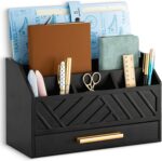 Black Wood Desk Organizer and Accessories with Drawer, Bill Mail Organizer and File Mail Holder for Office Supplies, Modern Desk Accessories & Workspace Organizers for Desk Organization - Image 2