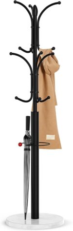 Coat Rack Freestanding,12 Hooks Coat Racks with Natural Marble Base & Umbrella Holder,Easy Assembly Coat Rack Stand for Hanging Scarf,Purse,Hats,Jacket(Black) - Image 2