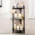 Consumest Corner Shower Caddy Stand - 3 Tier Shower Organizer with Soap Holder, Tall Floor Corner Shelves Standing with Adjustable Feet & 4 Hooks, Storage Rack for Bathroom Black - Image 2