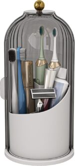 Dustproof Toothbrush Holders with Cover, Rotating Electric Toothbrush and Toothpaste Holder for Bathroom Countertop, 3 Slots Makeup Brushes Organizer, Grey White - Image 2